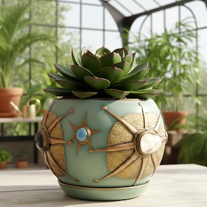 Op de afbeelding: Een lichtgroene keramische bloempot met een vetplant. De pot heeft gouden sterrenpatronen, imitatie-edelstenen en een bijpassende schotel. De vetplant heeft donkergroene bladeren met roodachtige randen. De pot staat op een houten oppervlak.