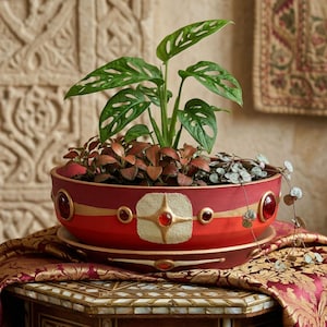 Maceta grande de cerámica para palmera cola de caballo; maceta decorativa de cerámica pintada a mano para interiores, cuenco ancho para suculentas, decoración boho chic