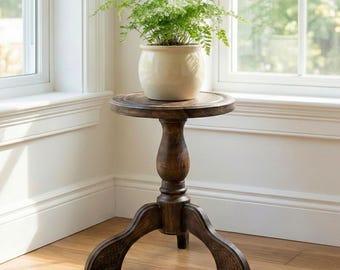 Dark Oak Wood Plant Stand Indoor; Small Wooden Carved Pedestal for Bonsai; Handcrafted Wooden Planter Base Rustic 3-Legged Flower Pot Holder