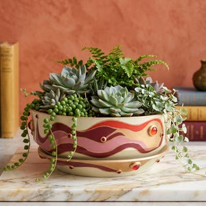 Large Painted Ceramic Plant Pot w Drainage & Tray, Sculptured Sun Face Flower Pot, Celestial Succulent Planter Bowl Modern Rustic Home Decor