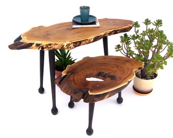 Set of live edge wood slab coffee tables Pair of personalized wild olive tree stump side drink tables Solid wooden nesting bedside end desks