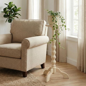 Tall Wood Plant Stand Indoor; Large Ivory Pedestal Planter Stand; 28" Turned Leg Fern Holder; Carved Flower Pot Base; Farmhouse Home Decor