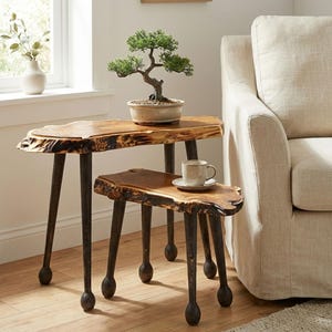 Set of 2 Live Edge Wood Nesting Coffee Tables; Small Rustic Side Table; Pair of Tree Stump End Tables; Bonsai Plant Stands; Wild Olive