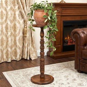 Tall 30" Carved Wooden Planter Stand; Solid Wood Pedestal Display; Modern Rustic Home Decor; Large Column Plant Pot Stand