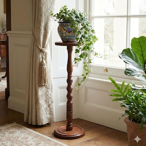 Tall Carved Wood Plant Stand; 36" Mid Century Modern Flower Pot Holder; Wooden Pedestal Column Table; Large Display Planter Base