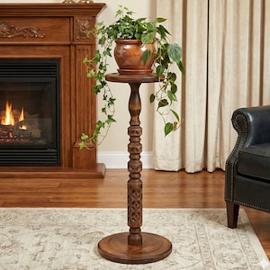 Hoher geschnitzter Holzpflanzenständer für drinnen Mid Century Modern Blumentopfständer Große Säule Pflanzgefäß Holzdisplay Handgeschnitzter Sockeltisch