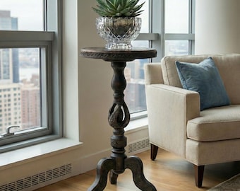 Tall Carved Wood Plant Pot Stand; Wooden Pedestal 37"; Indoor Flower Planter Pillar; Vintage Style Fern Holder; Rustic Home Decor Column