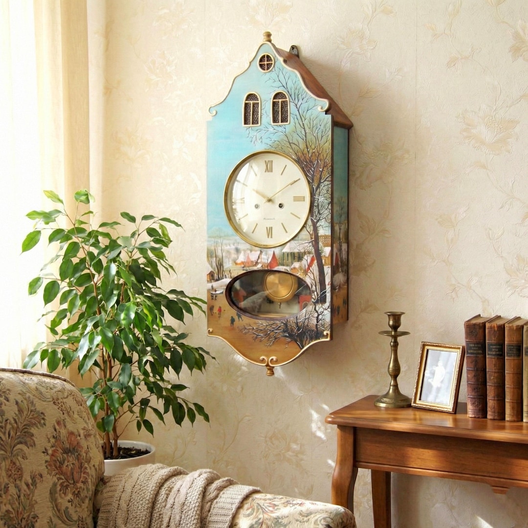 Large Pendulum Wall Clock Chime; Hand Painted Bruegel Winter