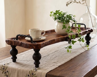 Large Wild Olive Wood Serving Tray with Turned Legs, Metal Handles; Wooden Charcuterie Board; Rustic Live Edge Table Centerpiece, 38" / 97cm