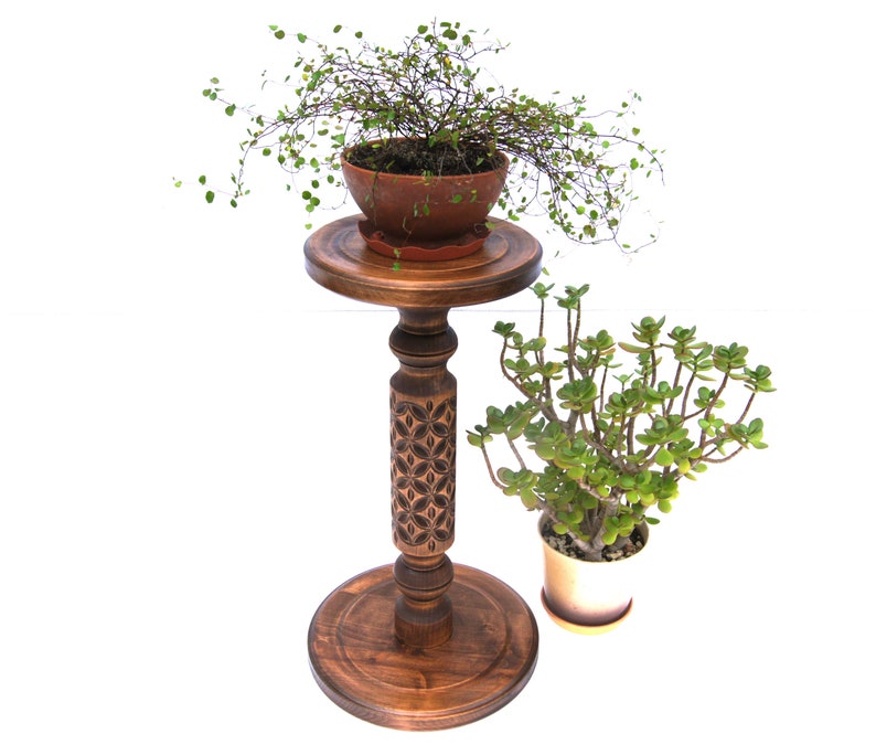 May include: A wooden plant stand with a carved design on the pedestal. The stand has a round top and a round base. Two potted plants are on the stand, one with green leaves and the other with small, round leaves.