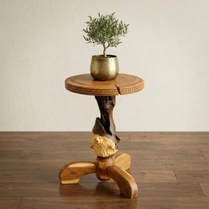 Wild Olive Wood Plant Stand 19" Tall; Wooden Pedestal Planter Display; Mid-Century Modern Pot Holder; Rustic Carved Sturdy Table