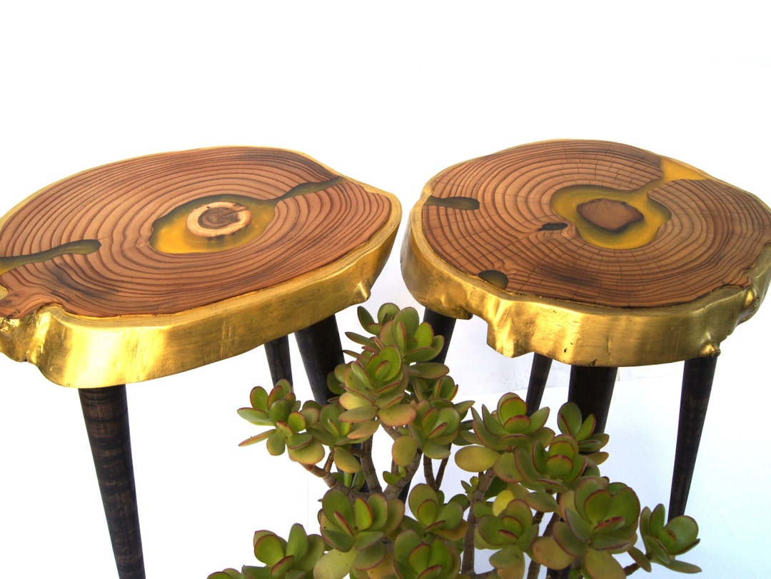 Set 2 Small Live Edge Wood Slab Coffee Tables Pair of Wooden Side