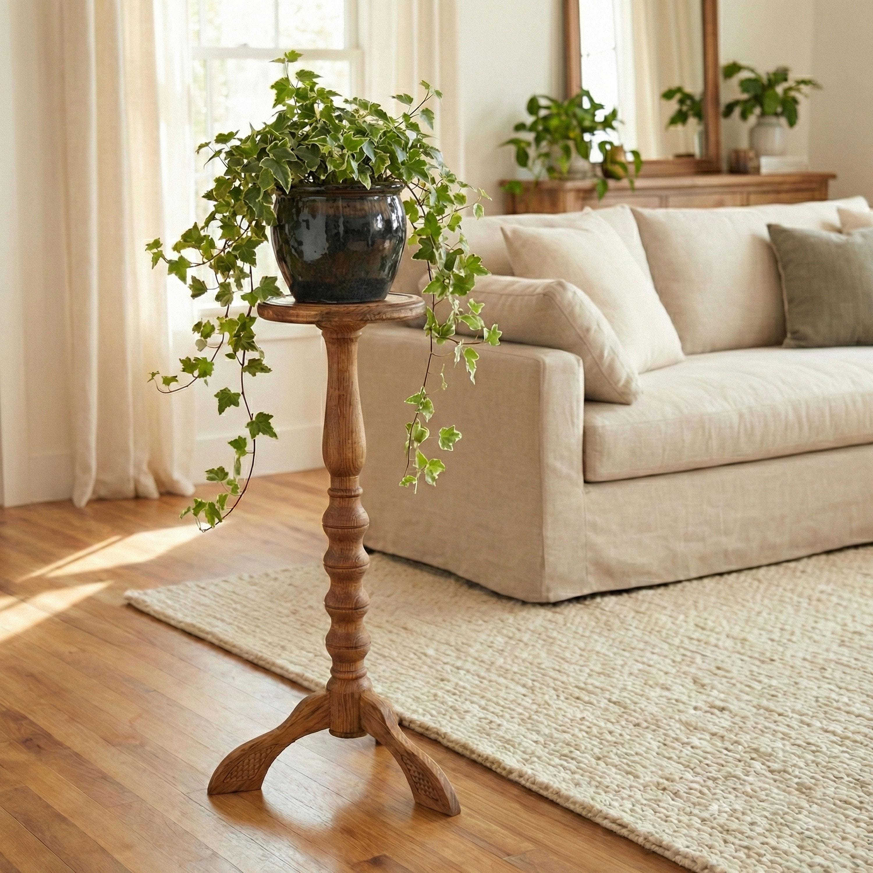 Tall Oak Wooden Plant Stand Indoor, Large Handcrafted Plant Table