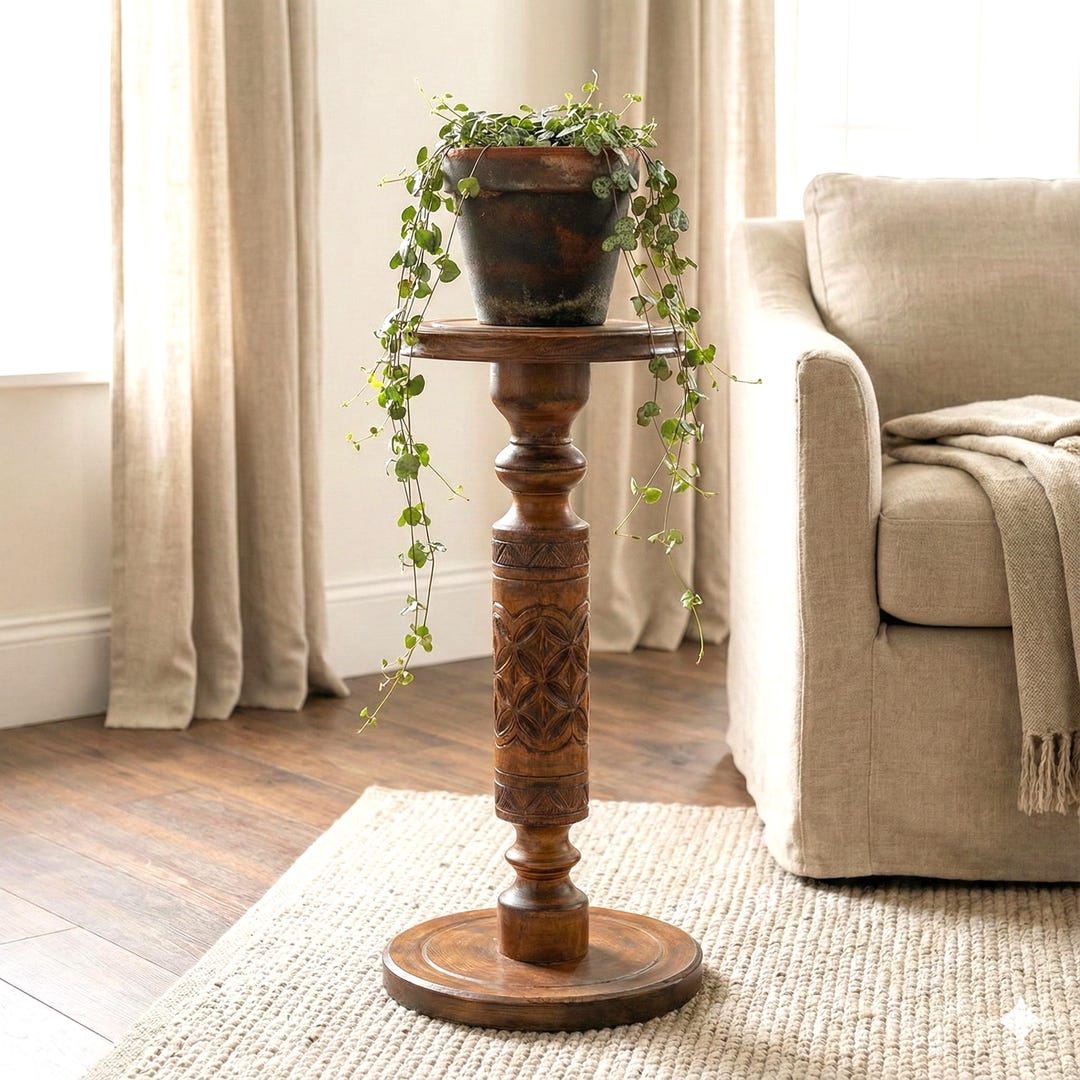 Tall Hardwood Planter Stand; Wooden Carved Plant Holder; Large
