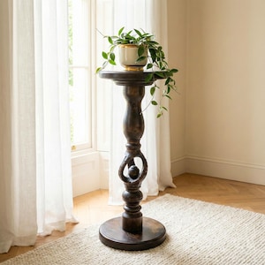 Tall Wooden Plant Stand; Dark Wood Pedestal Large Plants; High Carved Bonsai Display; Antique Style Flower Pot Holder; Twisted Leg Column