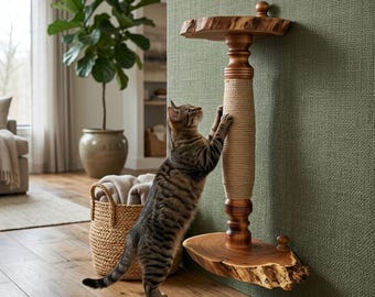 Wandmontierter Katzenkratzbaum aus Holz mit Sisalbesatz; Haustiermöbel mit Baumkante; Kratzsäule aus massivem Hartholz; Moderne rustikale Wanddekoration