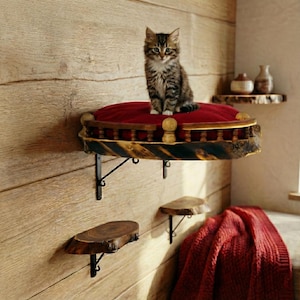 Cama flotante de pared para gatos, cojín y escalones para trepar; juego de muebles de madera; estante rústico para gatos; percha para mascotas; regalo para gatos; lugar moderno para dormir