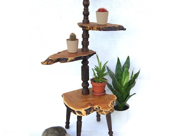 Tall 4-tier wooden planter stand indoor Live edge wood slab plant stand Carved display stand for pots Tree stump fern base Flower pot holder