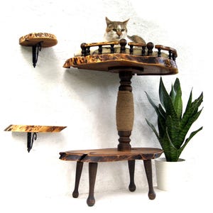 Op de afbeelding: Een kattenmeubelset met meerdere niveaus, bestaande uit twee wandplanken van natuurhout met zwarte metalen beugels en een staand meubel met een centrale sisalpaal, een verhoogd platform met een houten reling en een houten basis.