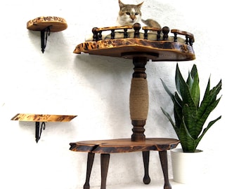 Cat wooden bed with pillow, steps & scratching post, Solid wood playground tree, Cat sleeper place w cushion Cat tower Climbing post big cat