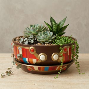 Maceta de cerámica pintada a mano con vidrio artístico; cuenco y bandeja para suculentas de 29,8 cm de ancho; maceta grande estilo mosaico; decoración colorida para el hogar hecha a mano.