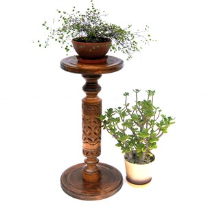 May include: A wooden plant stand with intricate carvings, featuring two potted plants. The top plant is a trailing vine with green leaves, while the bottom plant is a small, bushy succulent. The stand has a round base and a single, carved column.