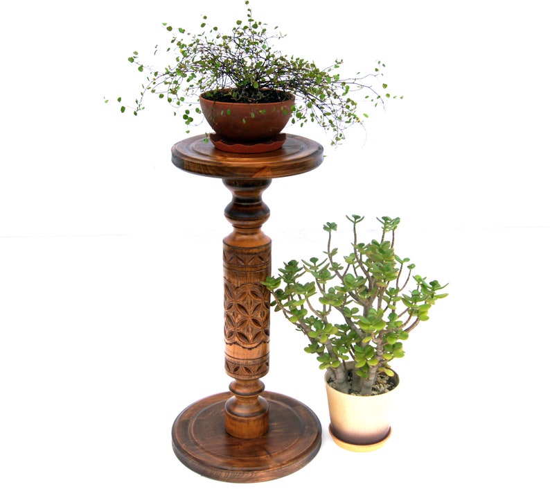 May include: A wooden plant stand with intricate carvings, featuring two potted plants. The top plant is a trailing vine with green leaves, while the bottom plant is a small, bushy succulent. The stand has a round base and a single, carved column.