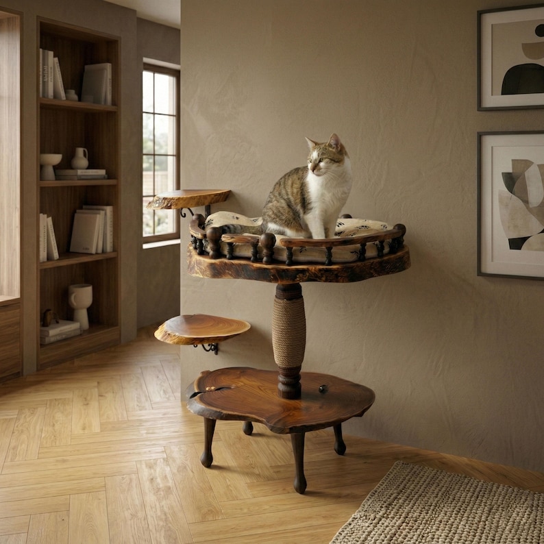 Op de afbeelding: Een kattenboom met meerdere niveaus, voorzien van natuurlijke houten platforms met een levende rand, een centrale krabpaal omwikkeld met sisal en een gevoerde bovenste zitstok met een decoratieve spijlenreling. Een cyperse kat zit bovenop.