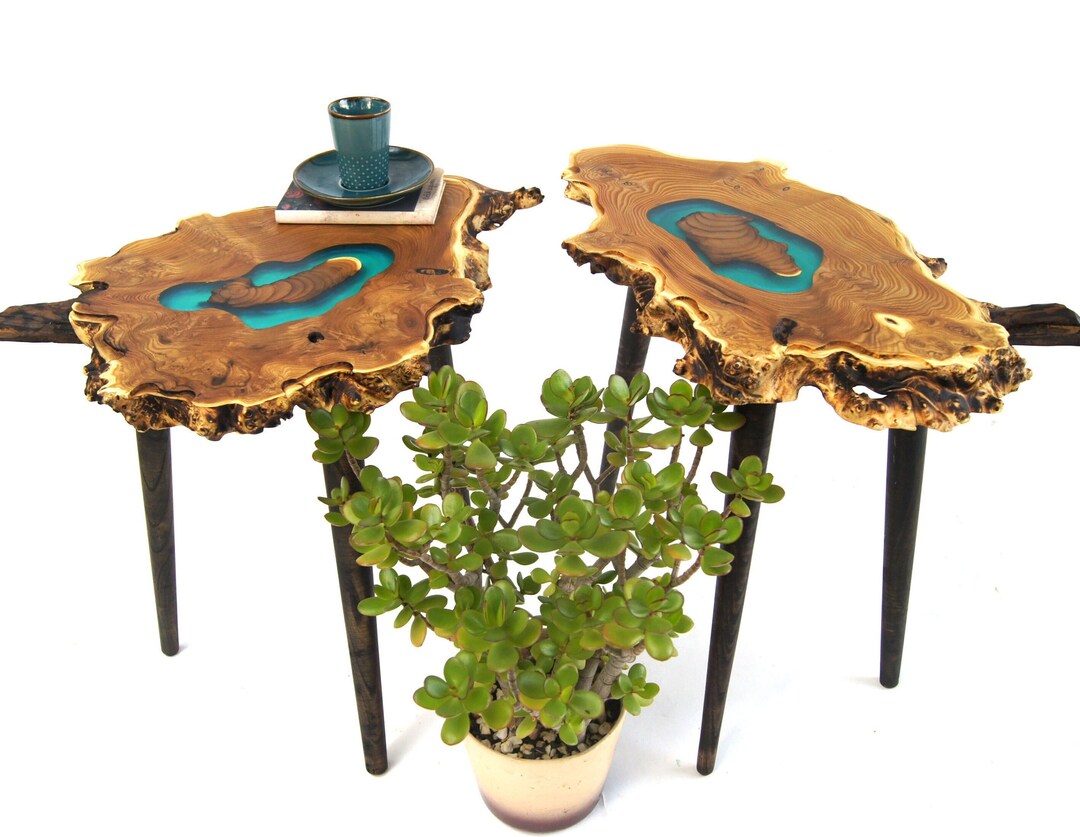 Set of 2 Small Live Edge Wood Slab Side End Tables Turquoise Etsy