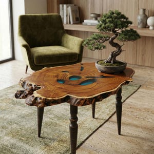 May include: A live edge wood coffee table with a natural brown grain and embedded blue resin accents, supported by four dark turned wooden legs. A small green bonsai tree in a gray ceramic pot sits on the surface of the table.