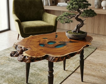 Live Edge Wild Olive Wood Coffee Table with Turquoise Epoxy Resin, Rustic Side End Table, Solid Wooden Accent Home Decor
