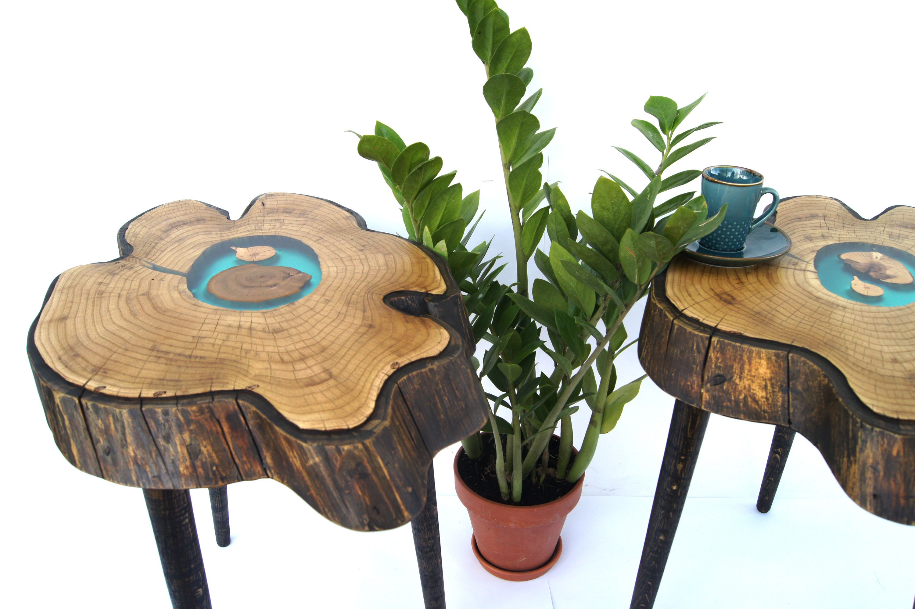 Set Of 2 Side Tables Live Edge Wood Slab Coffee Table Epoxy Etsy