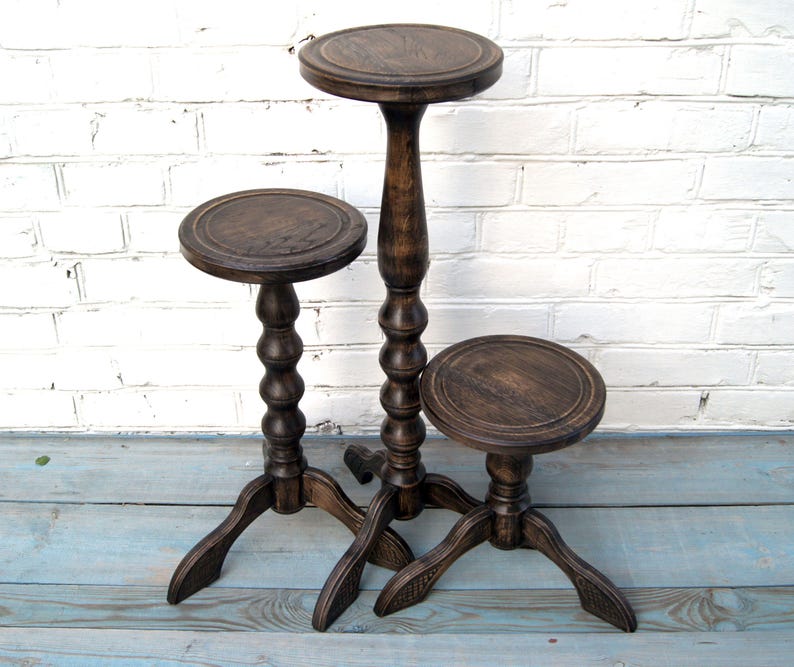 Set 3 Wooden Plant Stands Indoor Pedestal Planter Stand Oak Etsy