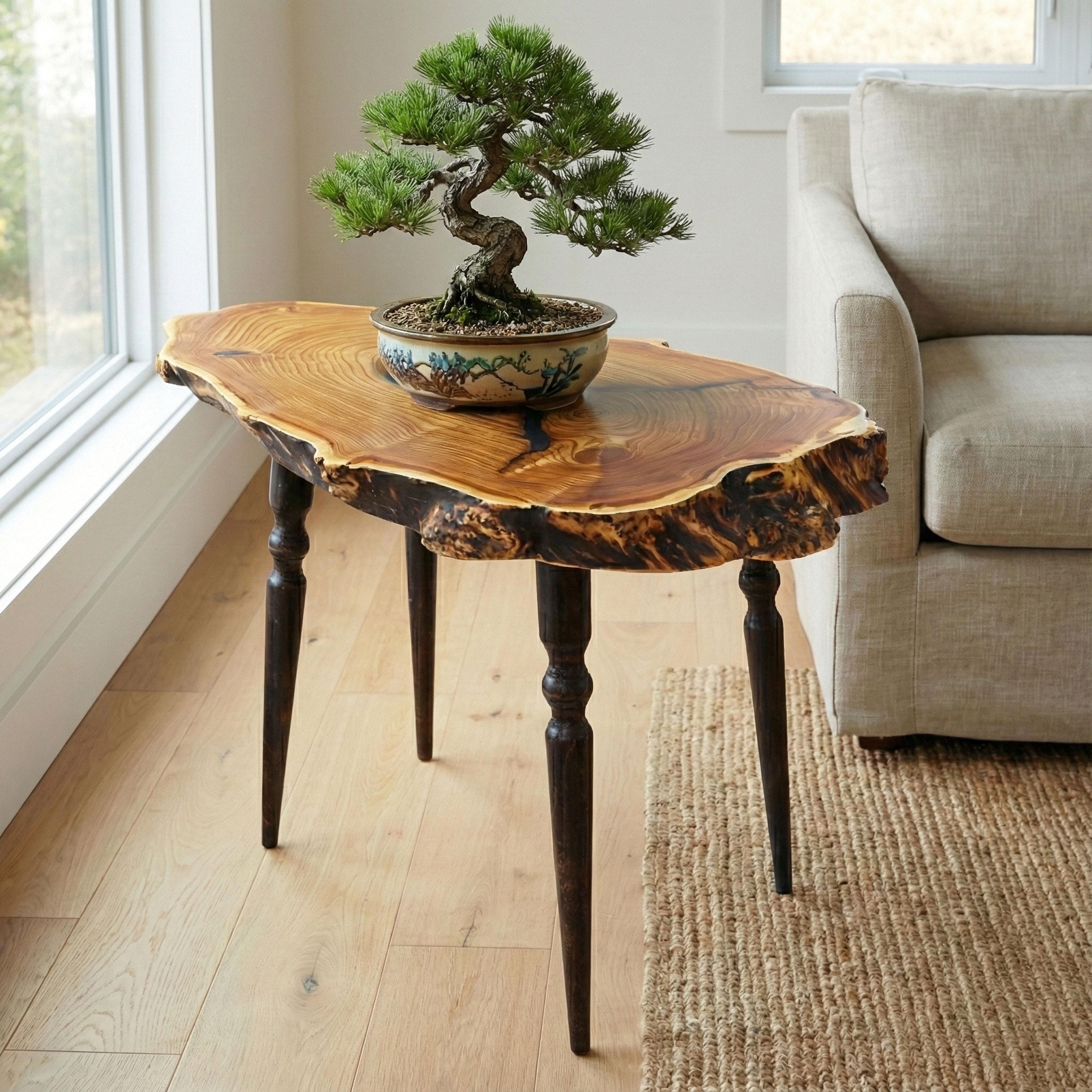 Live Edge Burl Wood Coffee Side Table; Rustic Turquoise Epoxy