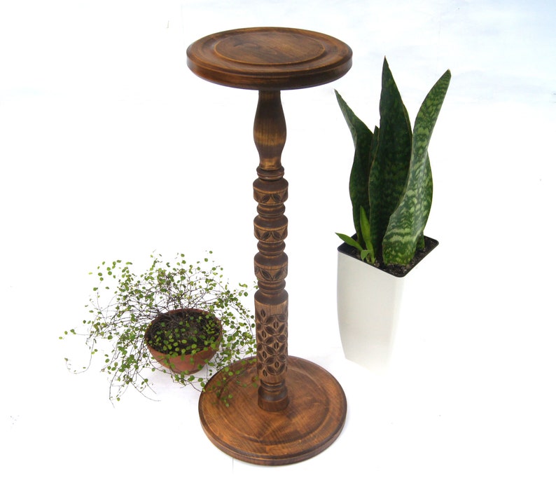 Tall carved wood plant stand indoor Mid century modern flower pot stand Large column planter base Wooden display Hand-carved pedestal table image 3
