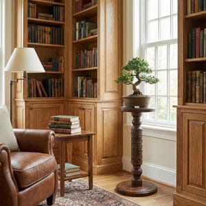 Tall carved hardwood plant stand with a dark finish. Elegant turned wooden pedestal featuring a geometric floral relief pattern, displayed in a cozy Dark Academia style library setting with a green plant.