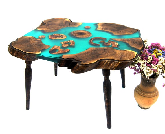 Large Live Edge Wood Slab Coffee Table Blue Epoxy Resin Table Etsy