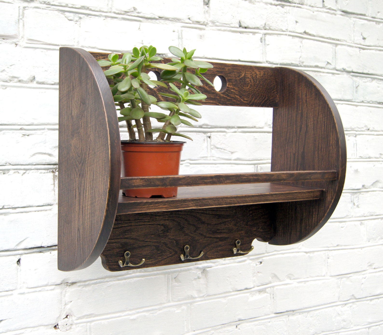 Solid Oak Wood Wall Hanging Shelf With Hooks Hardwood Book Etsy
