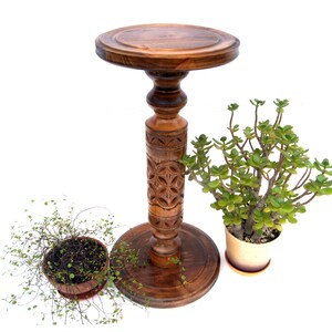 May include: A wooden plant stand with intricate carvings on the pedestal and a round top. Two potted plants are on the floor in front of the stand.