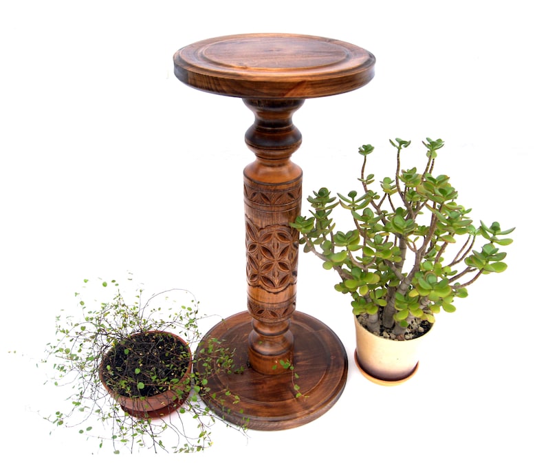 May include: A wooden plant stand with intricate carvings on the pedestal and a round top. Two potted plants are on the floor in front of the stand.