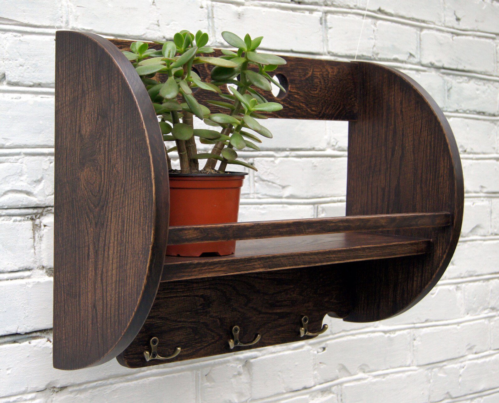 Solid Oak Wood Wall Hanging Shelf With Hooks Hardwood Book Etsy