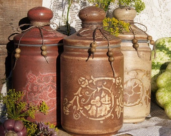 Set of 3 glass kitchen canisters Rustic canisters set French country kitchen storage Large paint glass jar Storage jars Coffee canisters set