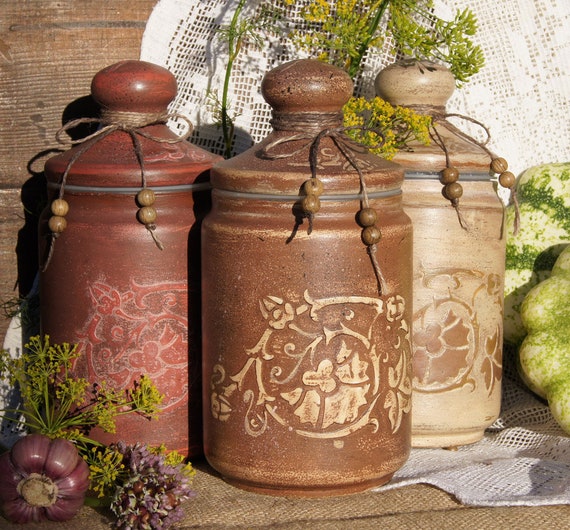 Set of 3 Glass Kitchen Canisters Rustic Canisters Set French Country Kitchen  Storage Large Paint Glass Jar Storage Jars Coffee Canisters Set 