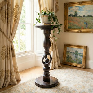 Tall Wooden Plant Stand; Dark Wood Pedestal Large Plants; High Carved Bonsai Display; Antique Style Flower Pot Holder; Twisted Leg Column