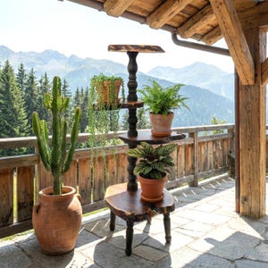 Puede incluir: Un soporte de madera de varios niveles para plantas con acabado oscuro, con plantas en macetas. A la izquierda, un gran cactus en una maceta de terracota. El soporte tiene un diseño rústico, con bordes naturales en los estantes. El fondo muestra una cordillera.