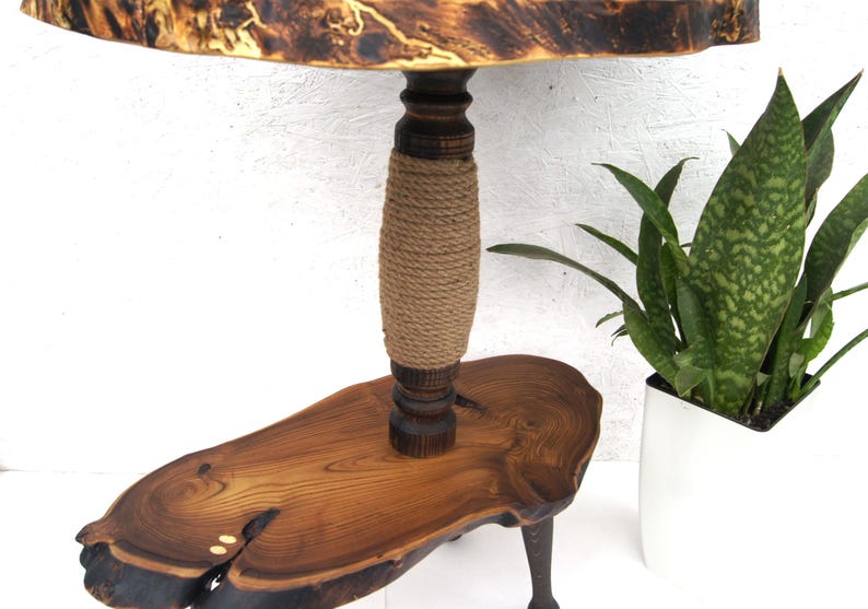 Close up detail of unique live edge grain on the wild olive wood cat perch. Shows the sturdy natural sisal rope scratching post and hand-turned wooden elements of the heavy-duty cat tree.