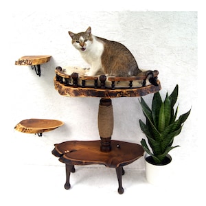 Op de afbeelding: Een kattenmeubel met meerdere niveaus gemaakt van natuurlijke houten platen met boomkanten. Het heeft een centrale paal omwikkeld met sisaltouw, een verhoogd platform met een decoratieve spijlenreling en een kussen, en twee losse wandplanken.
