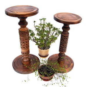 May include: Two dark brown wooden plant stands with carved floral designs on the central column. The stands have a round top and base. Two potted plants are placed between the stands, one in a gold pot and the other in a brown pot.