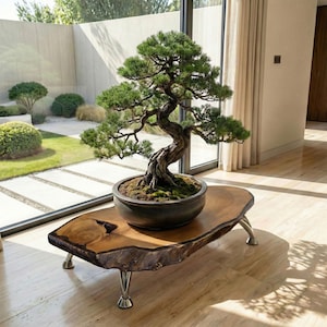 May include: A bonsai tree with a twisted trunk and green foliage sits in a dark gray pot on a live-edge wooden coffee table. The table has silver metal legs. The scene is indoors with a view of a garden.