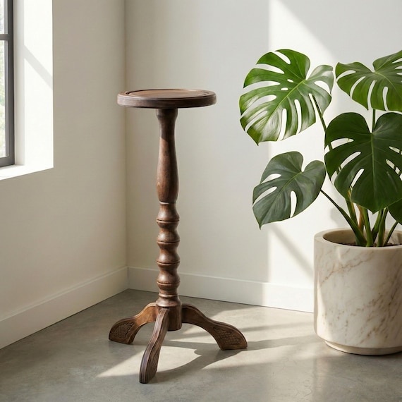 Tall Turned Oak Wood Plant Stand; 28
